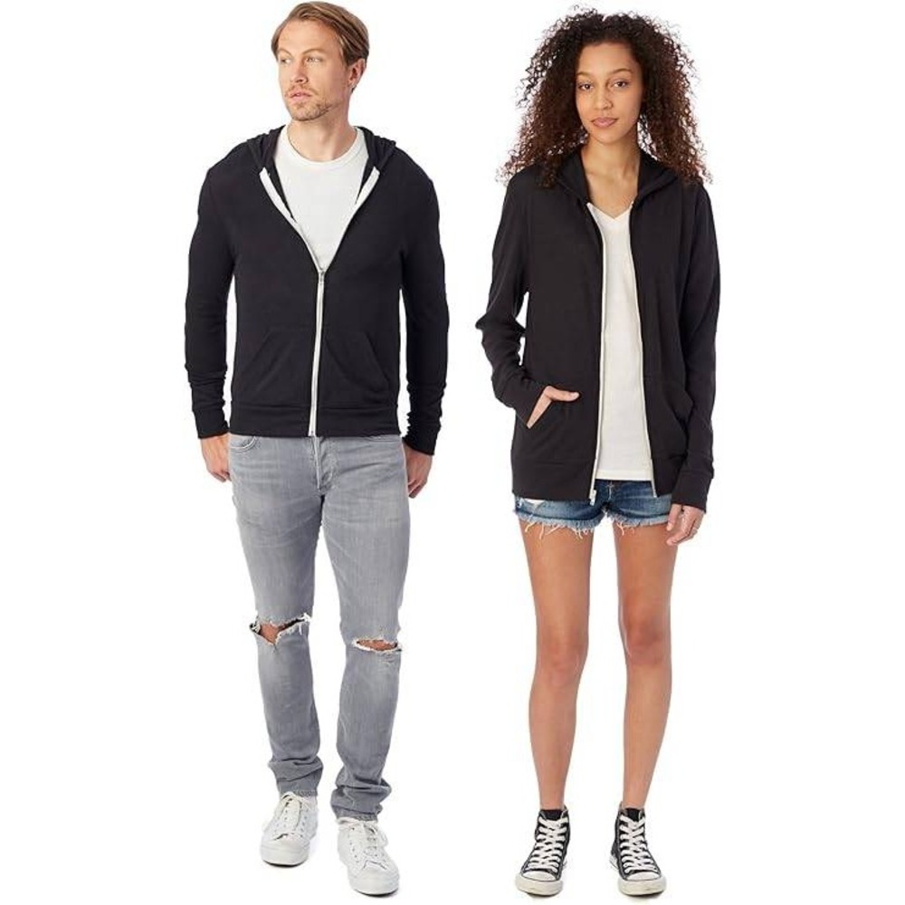 Alternative Apparel Eco-Fleece Full Zip Hoodie Black Men's Lightweight Comfort - Picture 2 of 4